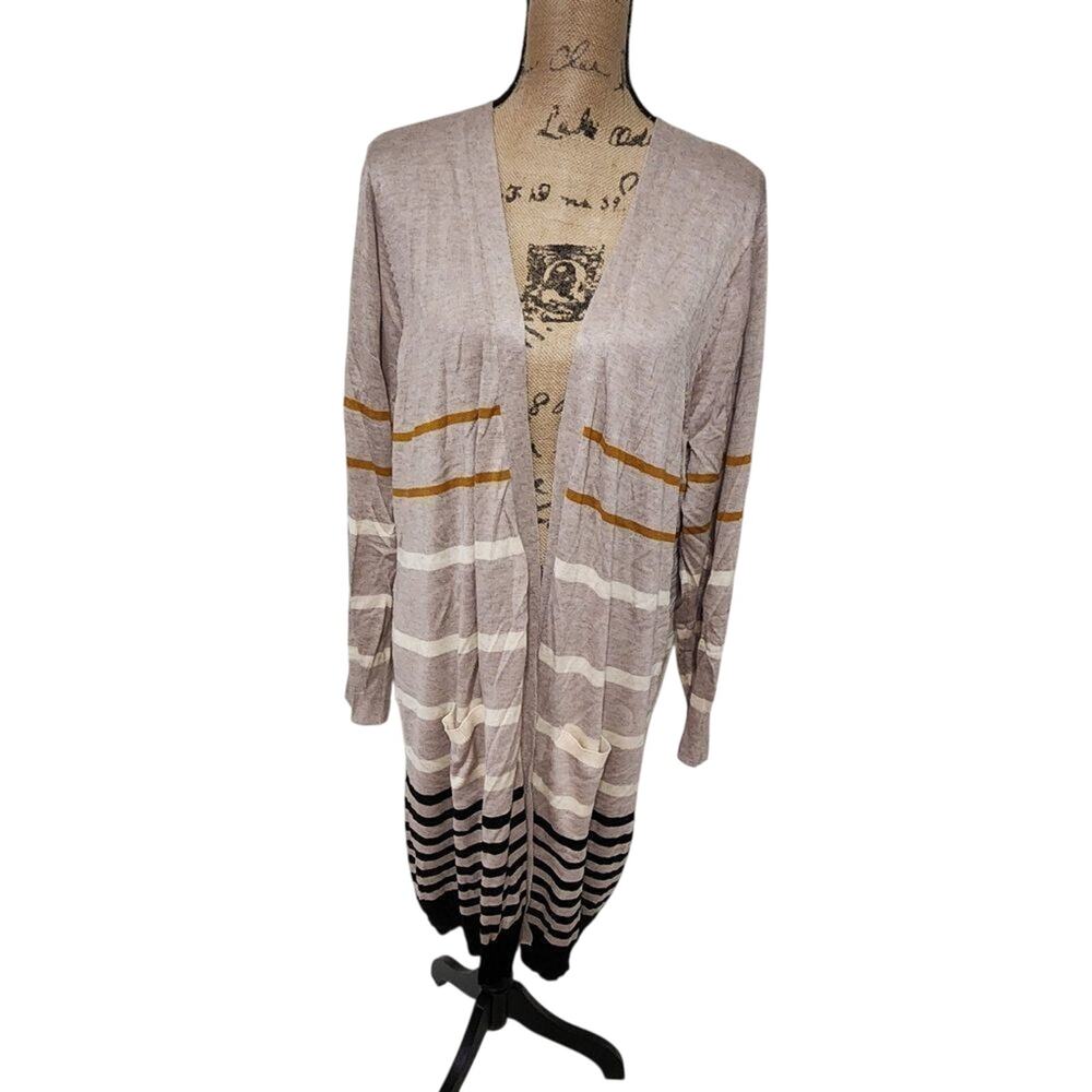 JOSEPH A Woman 2X Long Open Front Striped Cardigan Sweater Beige Brown Black